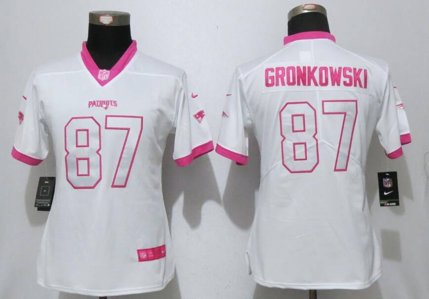 Women 2017 New England Patriots #87 Gronkowski Matthews White Pink Stitched New Nike Elite Rush Fashion NFL Jersey->->Women Jersey